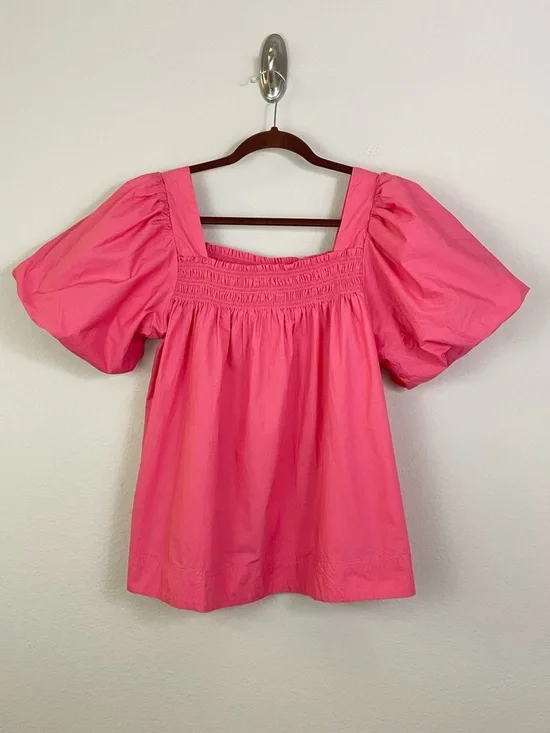 Anthropologie Maeve Coral Pink Puff-Sleeve Smocked Blouse Size Medium - Picture 3 of 8